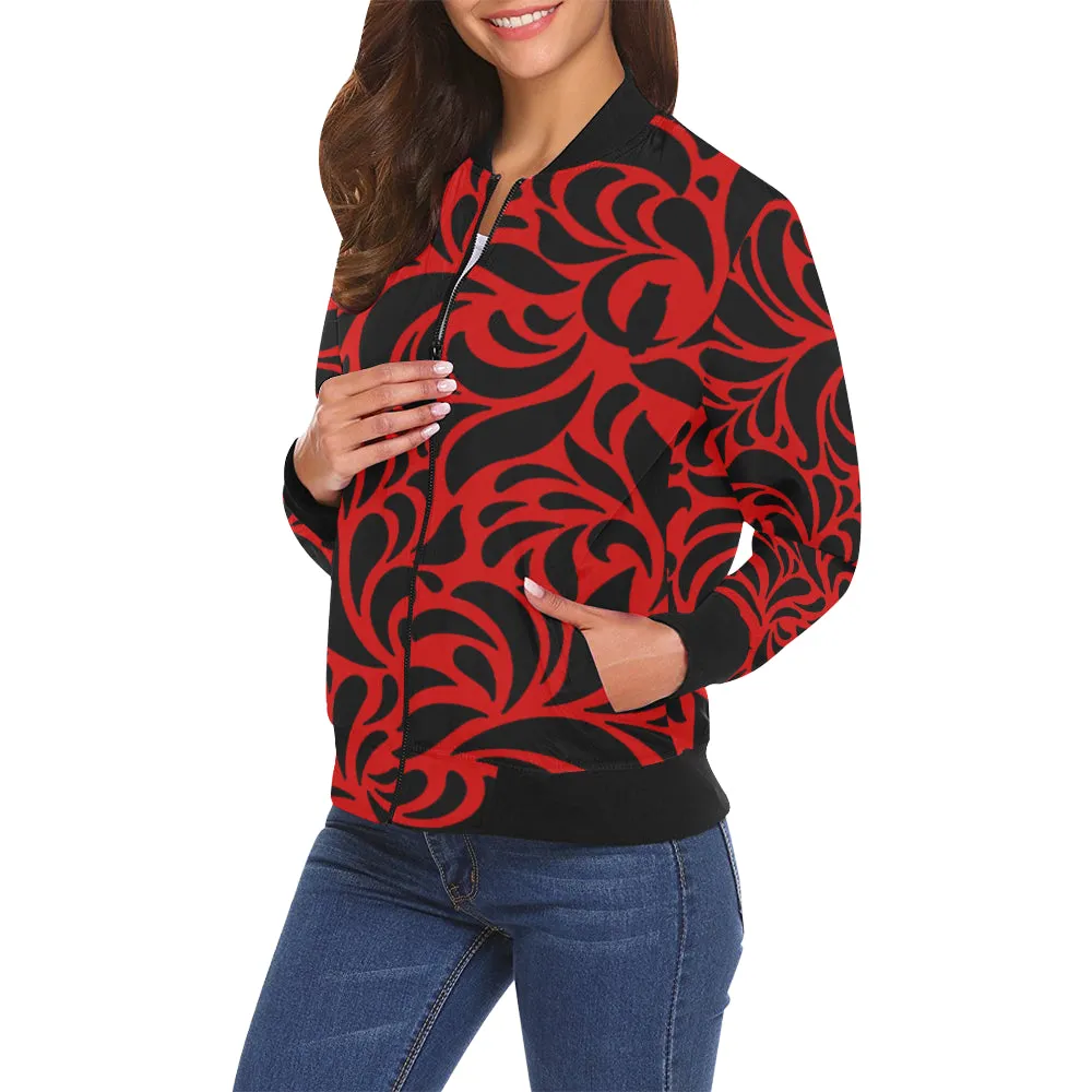 GORGIOUS LEAF RED All Over Print Bomber Jacket for Women