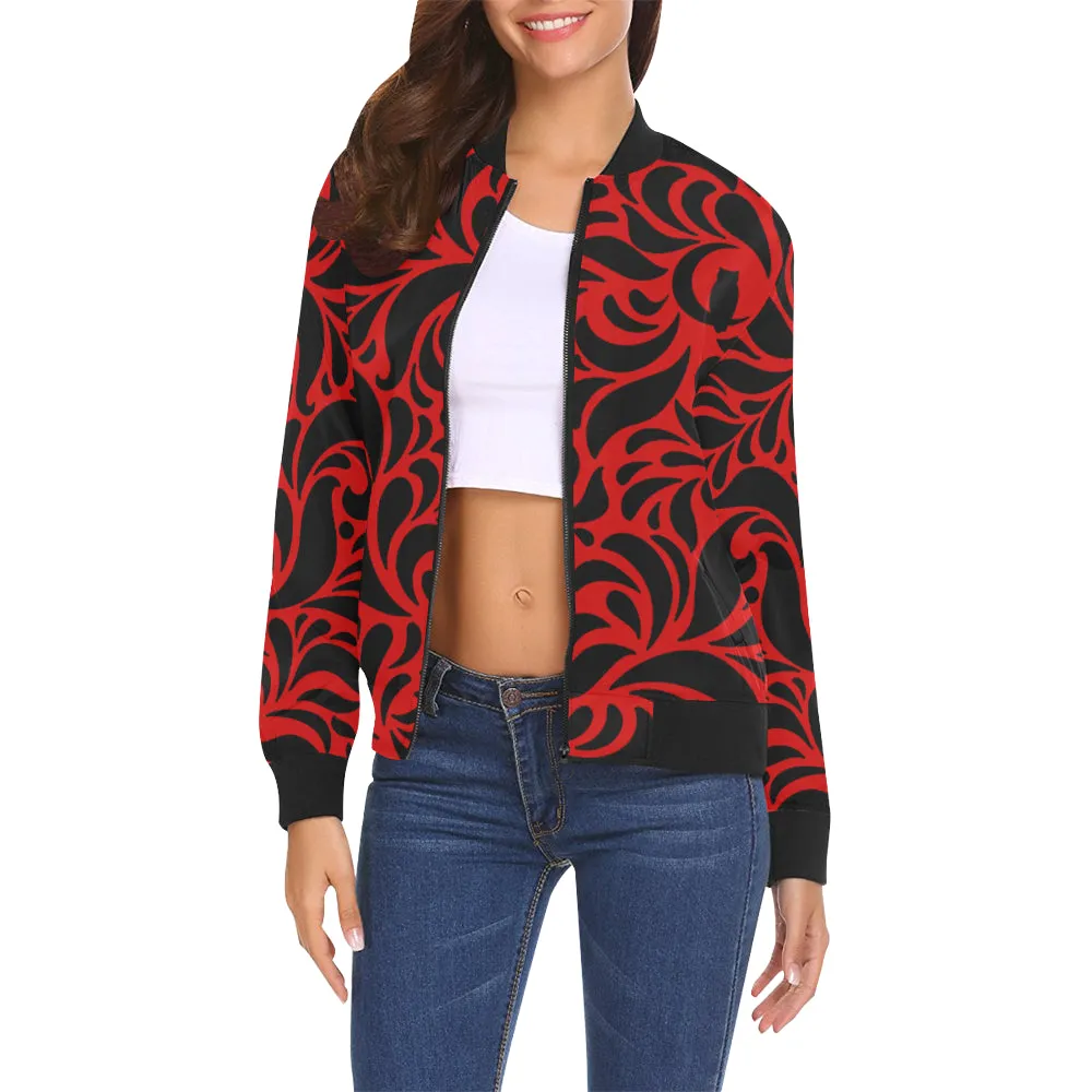 GORGIOUS LEAF RED All Over Print Bomber Jacket for Women