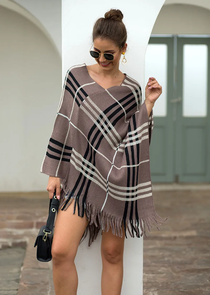 Haute Edition Women's Plaid Poncho with Fringe. One size fits all (S-XL).