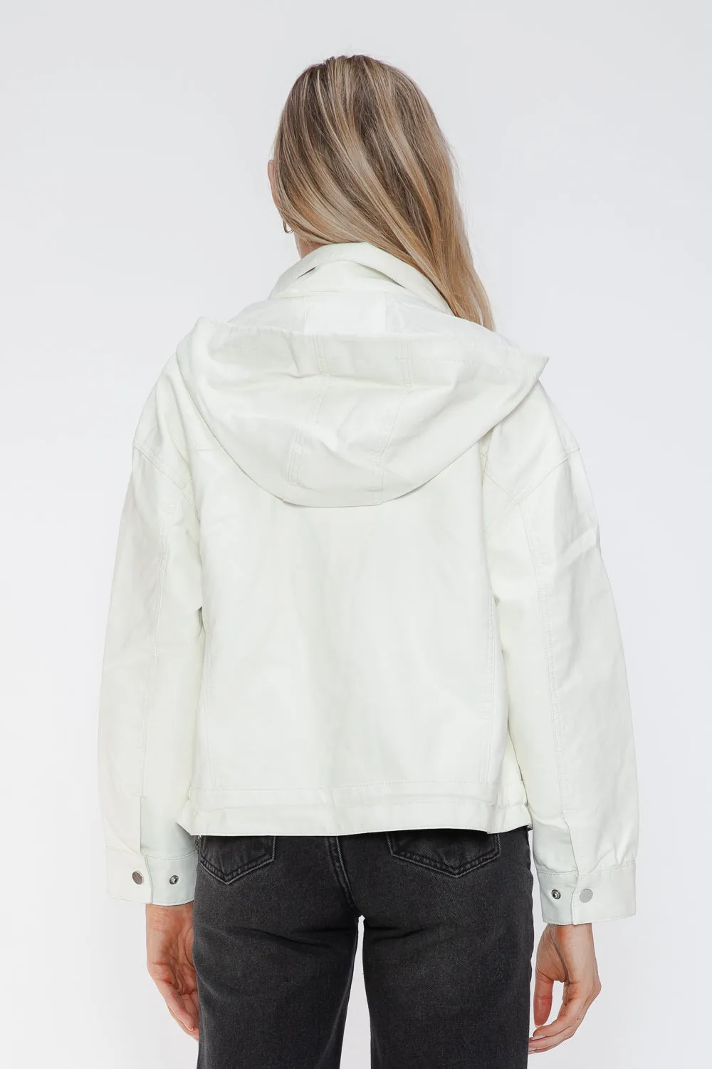 How Dare U White Pu Leather Jacket Drawstring Hem Pocketed Loose Outwear