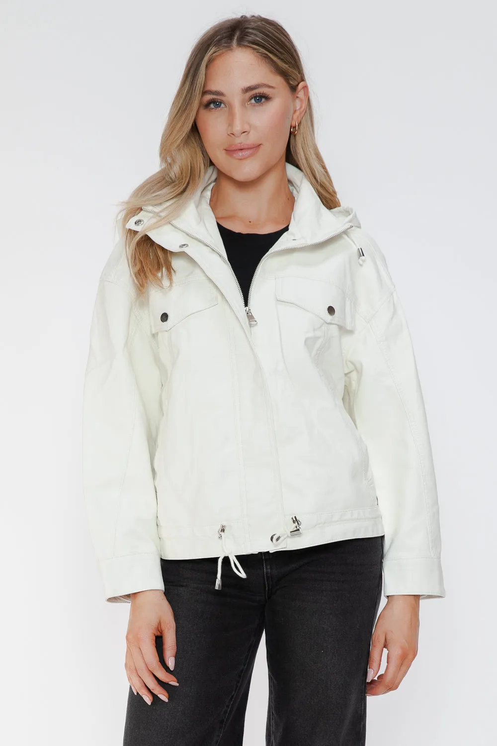 How Dare U White Pu Leather Jacket Drawstring Hem Pocketed Loose Outwear