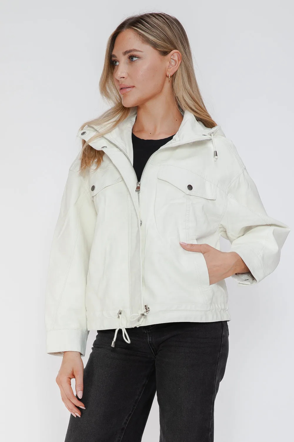 How Dare U White Pu Leather Jacket Drawstring Hem Pocketed Loose Outwear