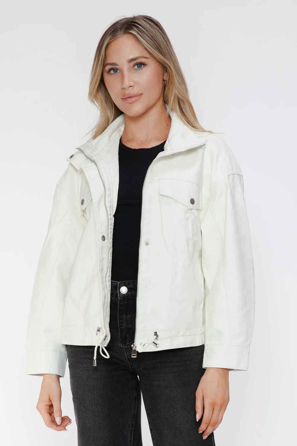 How Dare U White Pu Leather Jacket Drawstring Hem Pocketed Loose Outwear