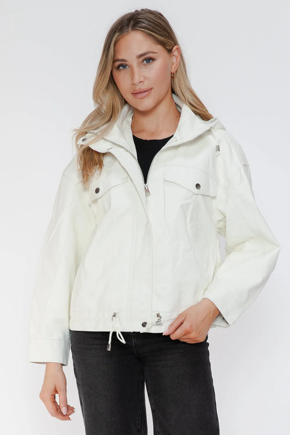 How Dare U White Pu Leather Jacket Drawstring Hem Pocketed Loose Outwear