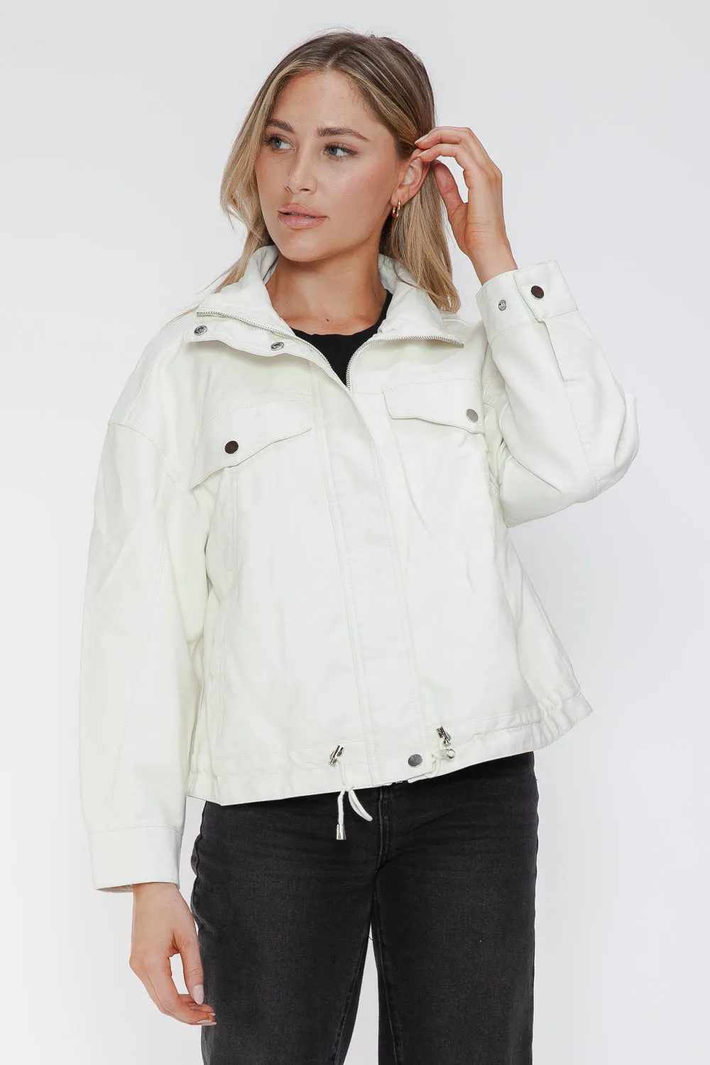 How Dare U White Pu Leather Jacket Drawstring Hem Pocketed Loose Outwear