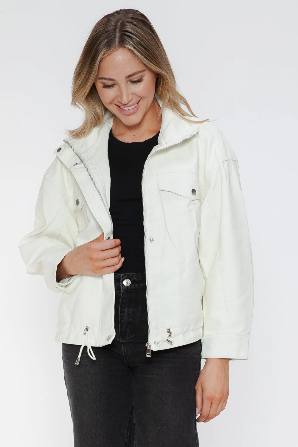 How Dare U White Pu Leather Jacket Drawstring Hem Pocketed Loose Outwear