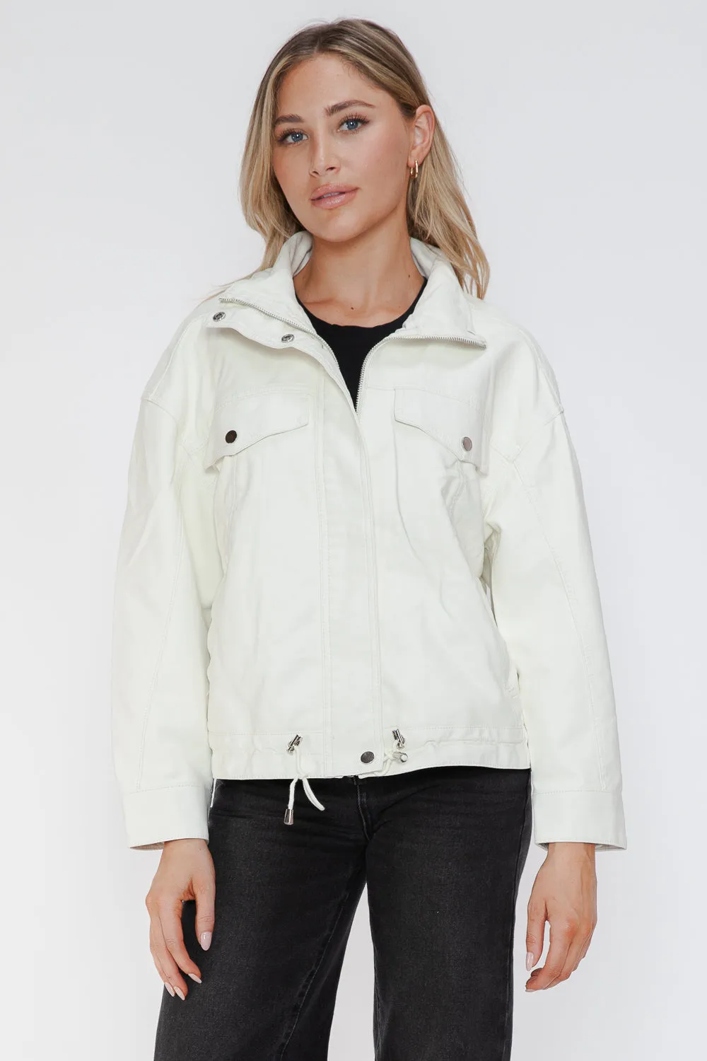 How Dare U White Pu Leather Jacket Drawstring Hem Pocketed Loose Outwear