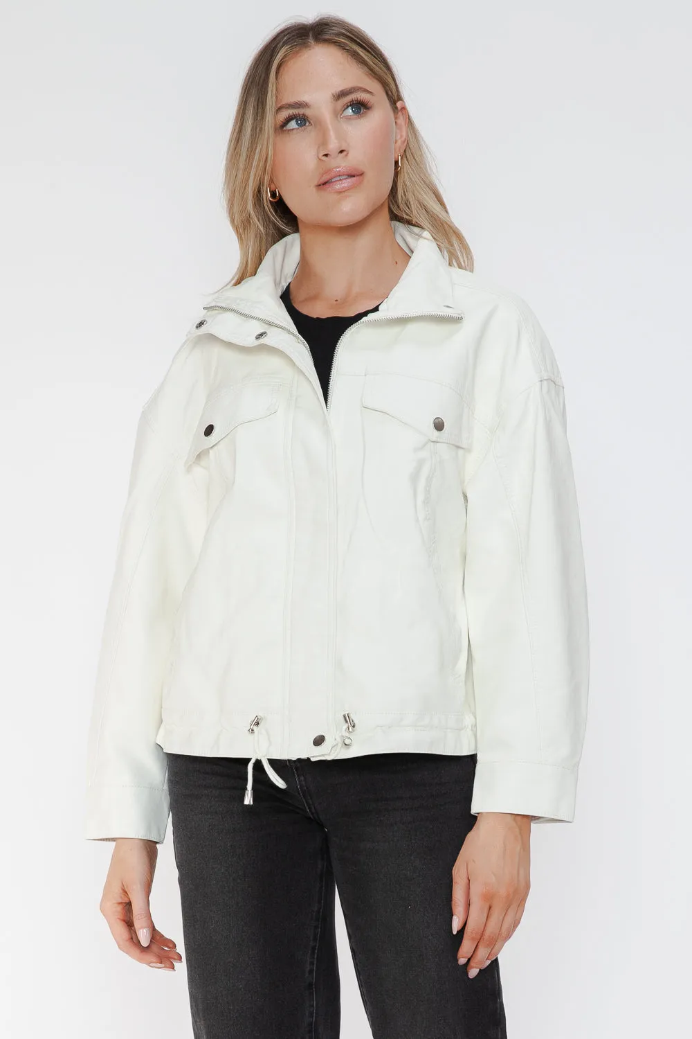 How Dare U White Pu Leather Jacket Drawstring Hem Pocketed Loose Outwear