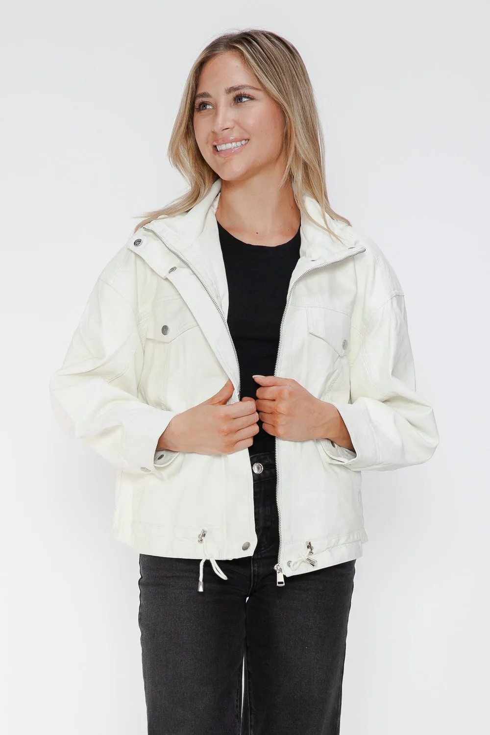 How Dare U White Pu Leather Jacket Drawstring Hem Pocketed Loose Outwear