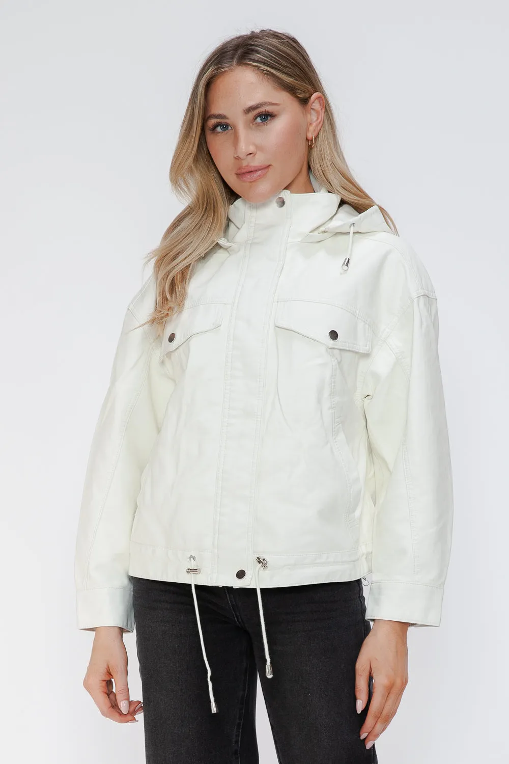 How Dare U White Pu Leather Jacket Drawstring Hem Pocketed Loose Outwear