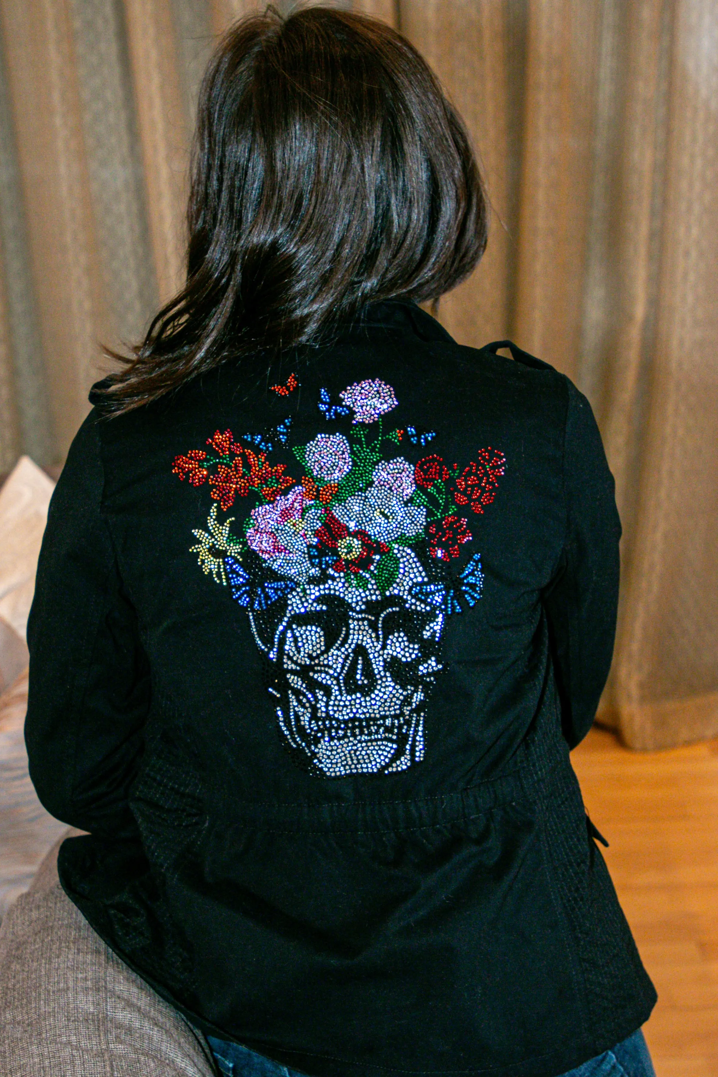 Jacket, Anorak Black, Skull Flowers