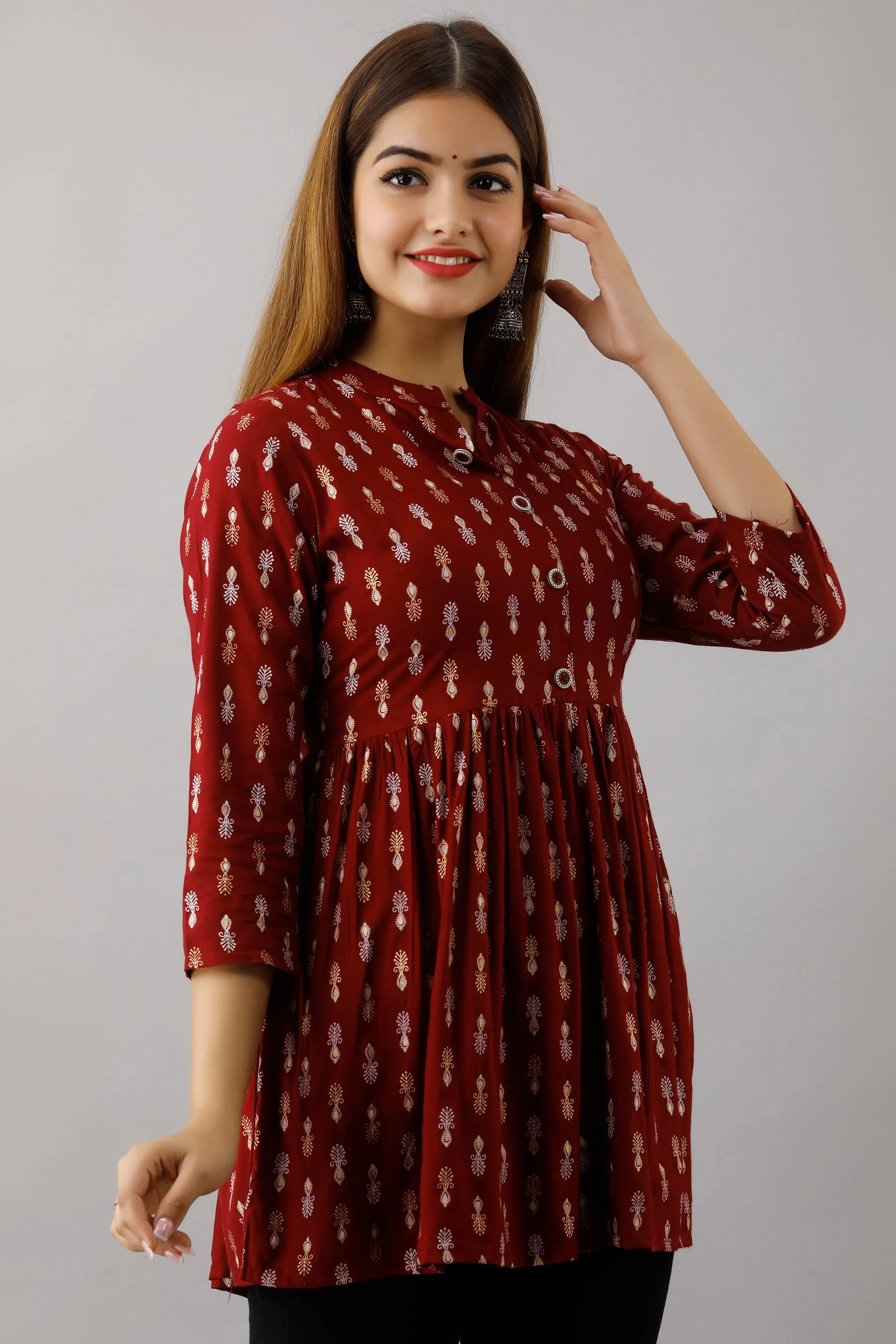 Jaipurite Maroon Printed Tunic in Rayon