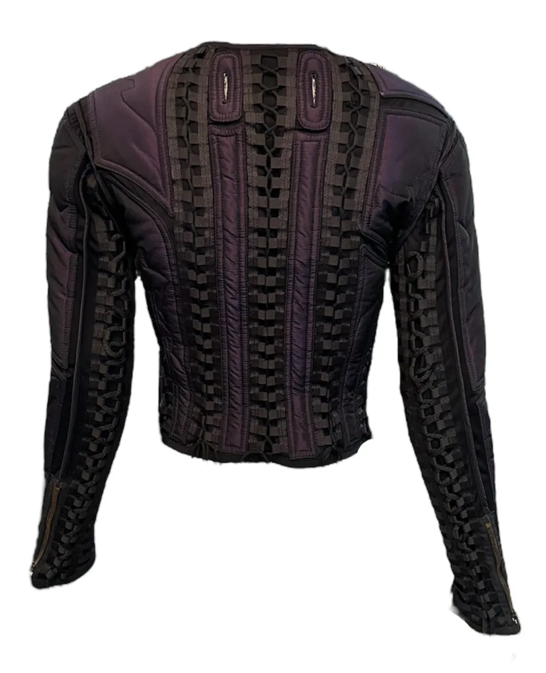 Jean Paul Gaultier Femme Y2K Iridescent Purple Nylon Zip Front Jacket with Allover Lacing