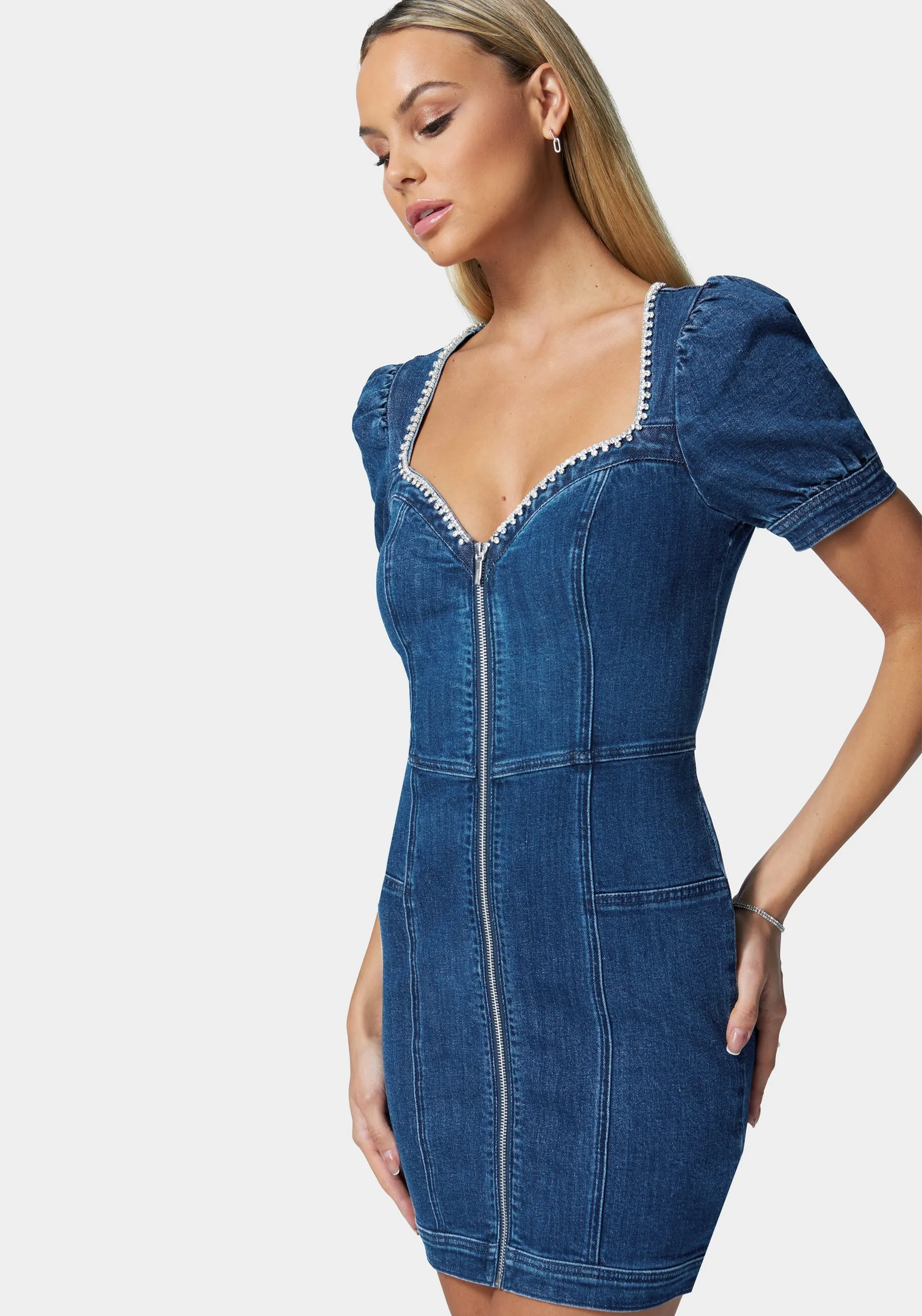 Jewel Trim Sweetheart Denim Dress