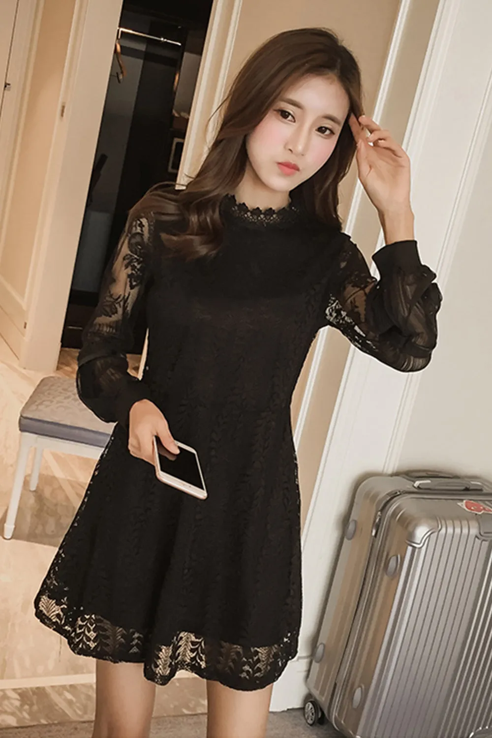 Ketty More Women Short Lace Decorated Dress With Bel Black Lace-KMWD406