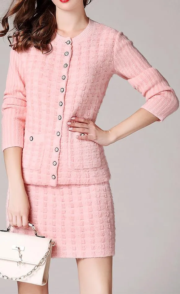 Knit Wool Cardigan Sweater & Skirt Set, White or Pink