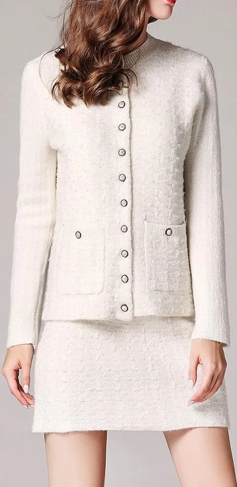 Knit Wool Cardigan Sweater & Skirt Set, White or Pink