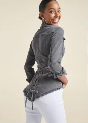 Lace-Up Back Denim Top - Grey Multi