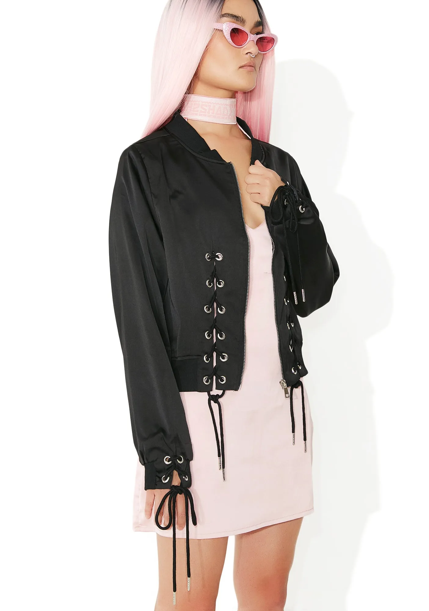 Lace Up Silky Bomber