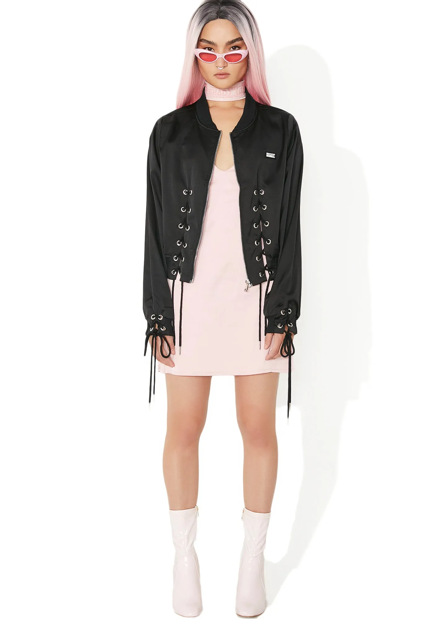 Lace Up Silky Bomber