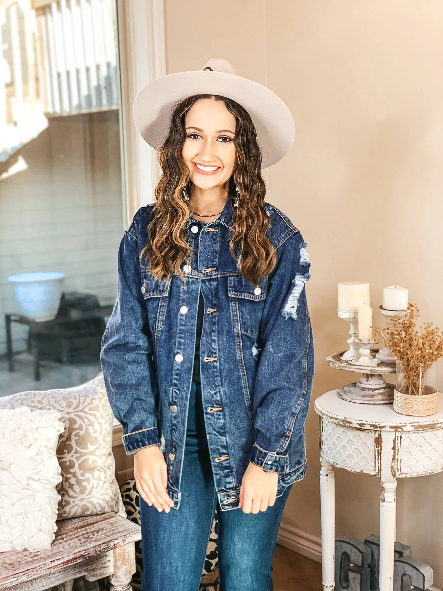 Last Chance Size Small | On The Road Distressed Button Up Denim Jacket in Dark Wash