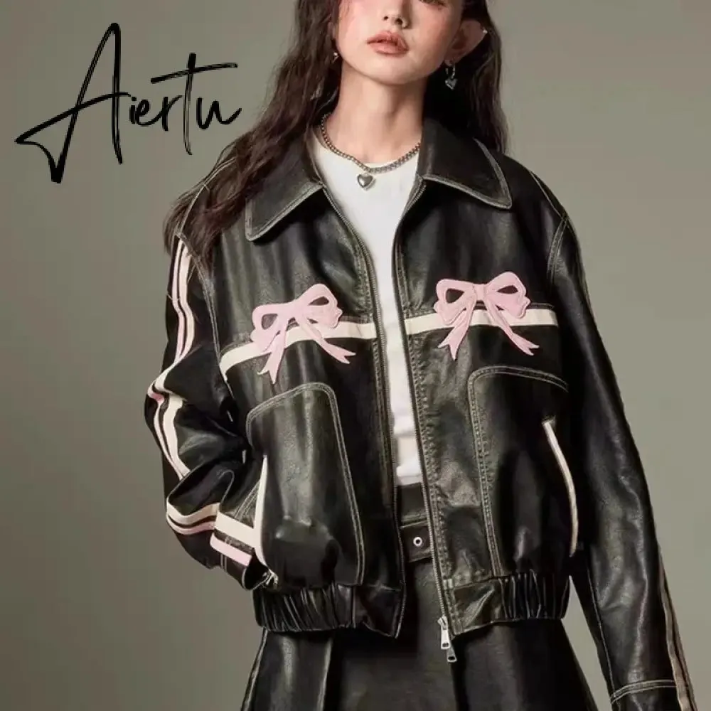 Leather jackets Bow embroidery black bomber women racing winter Korean fashion Jacket vintage Outerwear coats outwear y2k