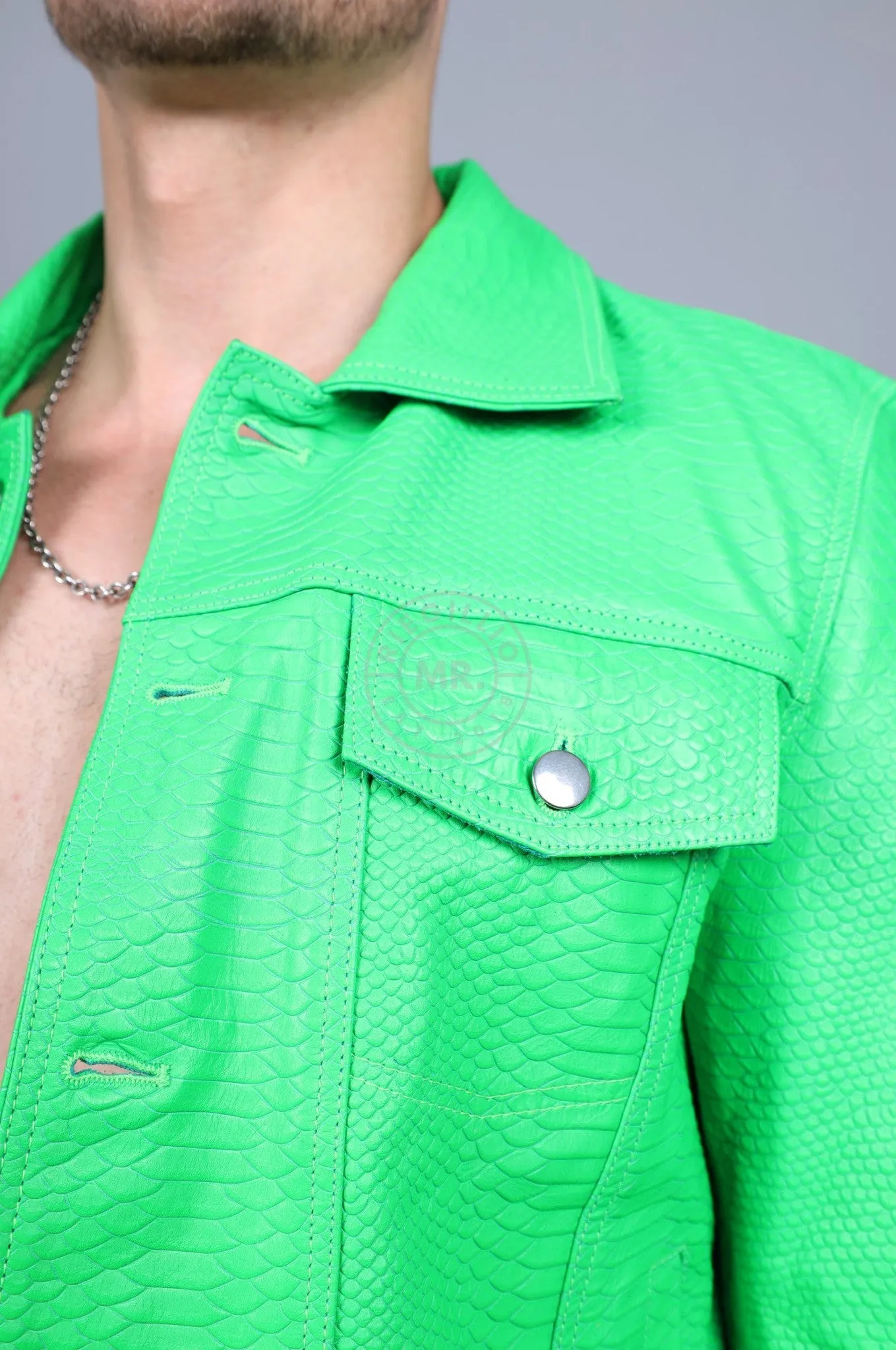 Leather Snake Trucker Jacket - Neon Green