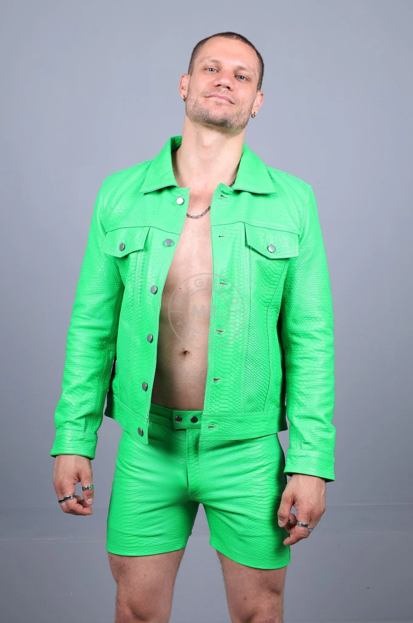 Leather Snake Trucker Jacket - Neon Green