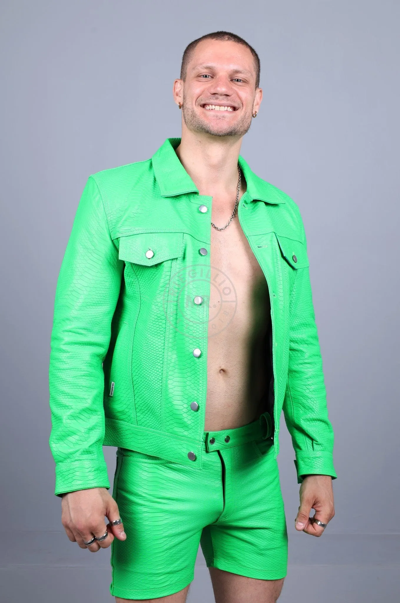 Leather Snake Trucker Jacket - Neon Green