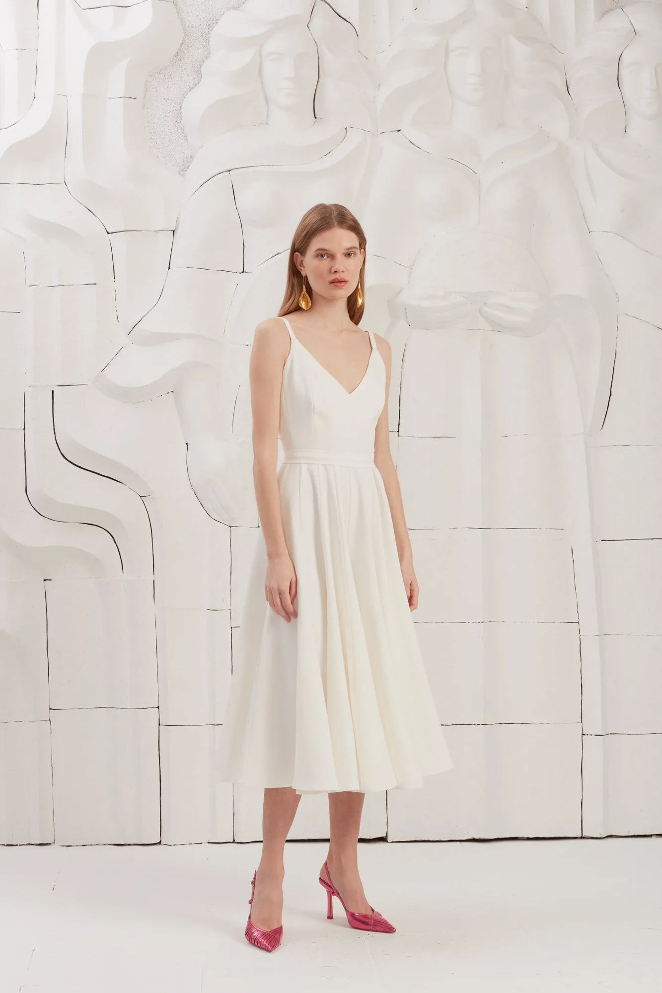 LINDA white flared midi wedding dress