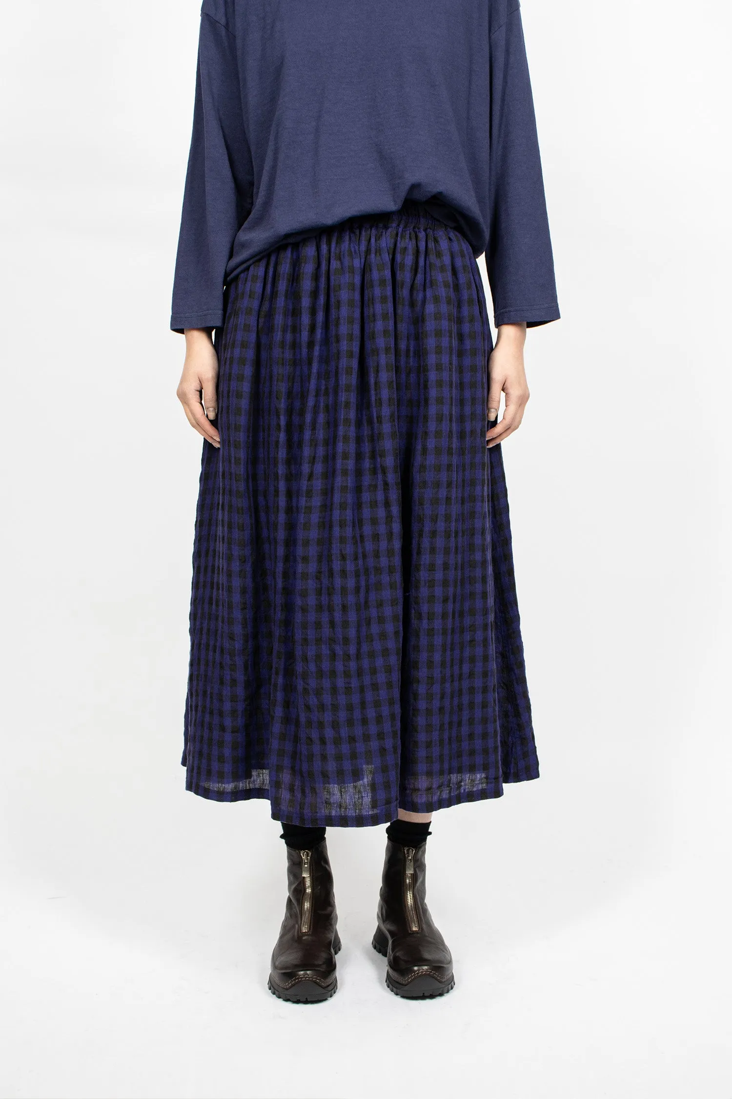 Linen Gingham Check Skirt Navy