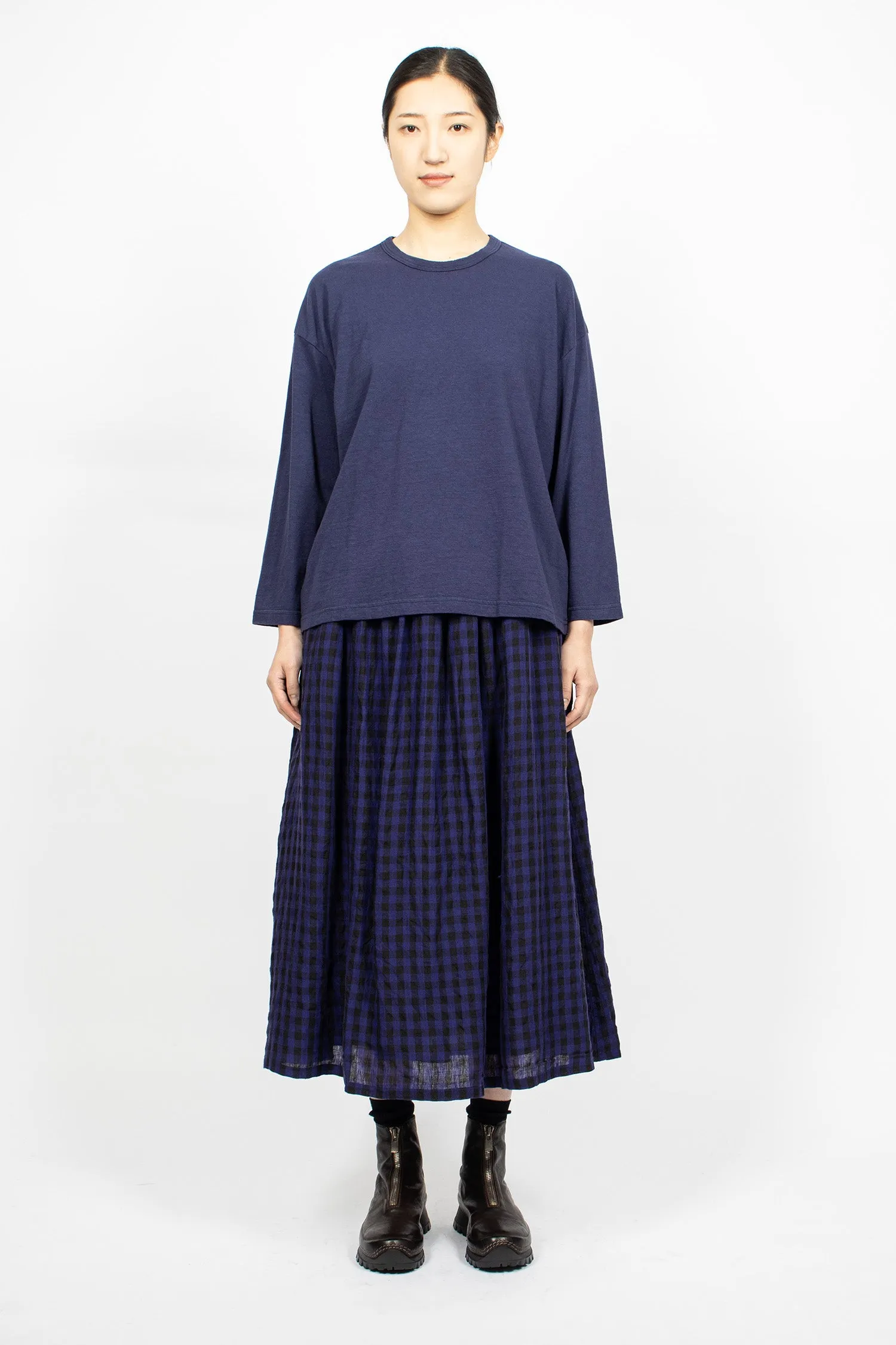 Linen Gingham Check Skirt Navy