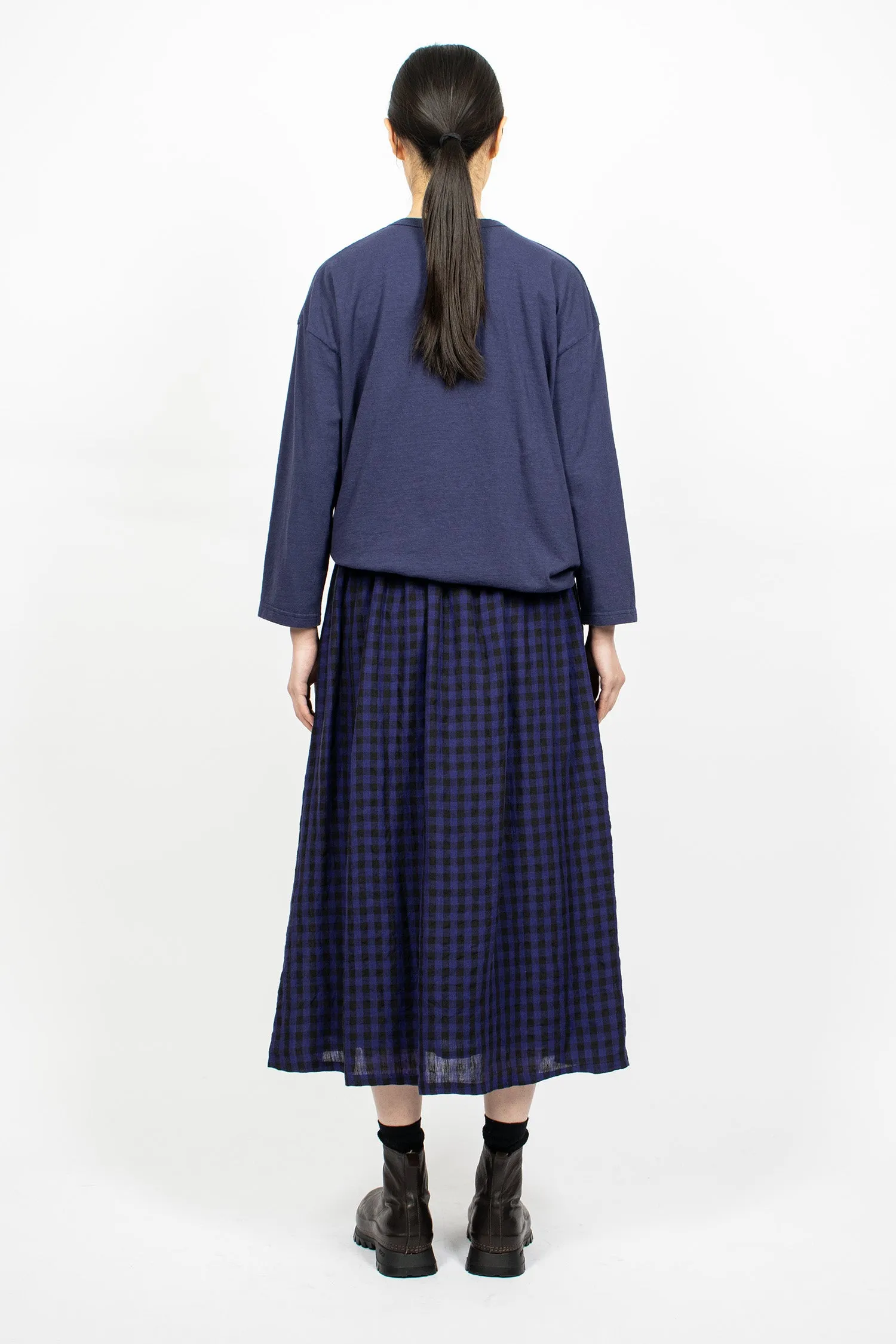 Linen Gingham Check Skirt Navy