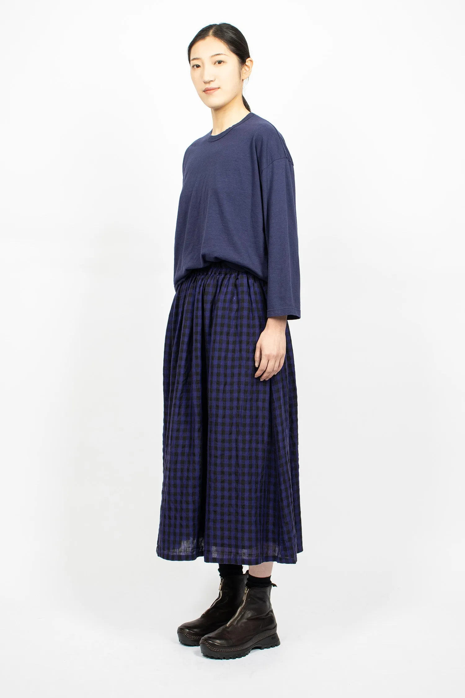 Linen Gingham Check Skirt Navy