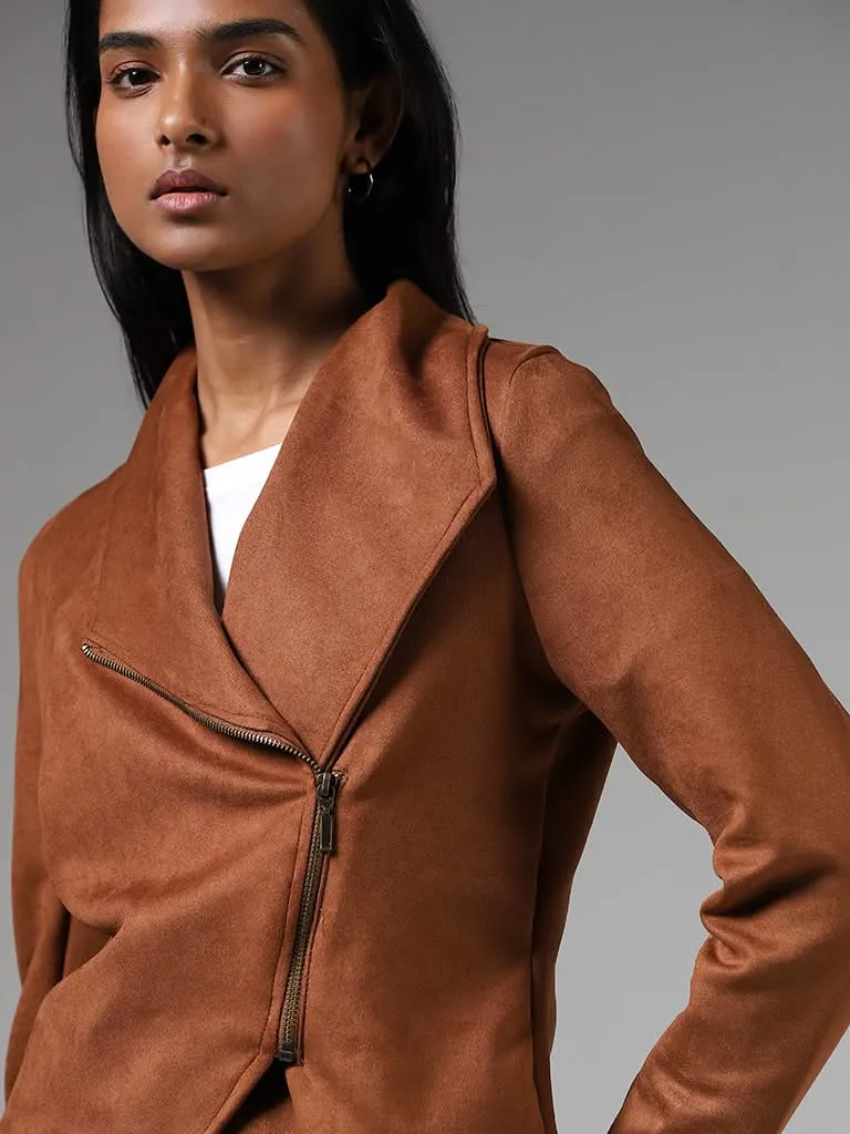 LOV Tan Brown Asymmetrical Zipper Suede Jacket