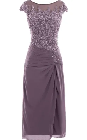 Mauve Cap Sleeve Beaded Mother of Bride Dress     fg1785