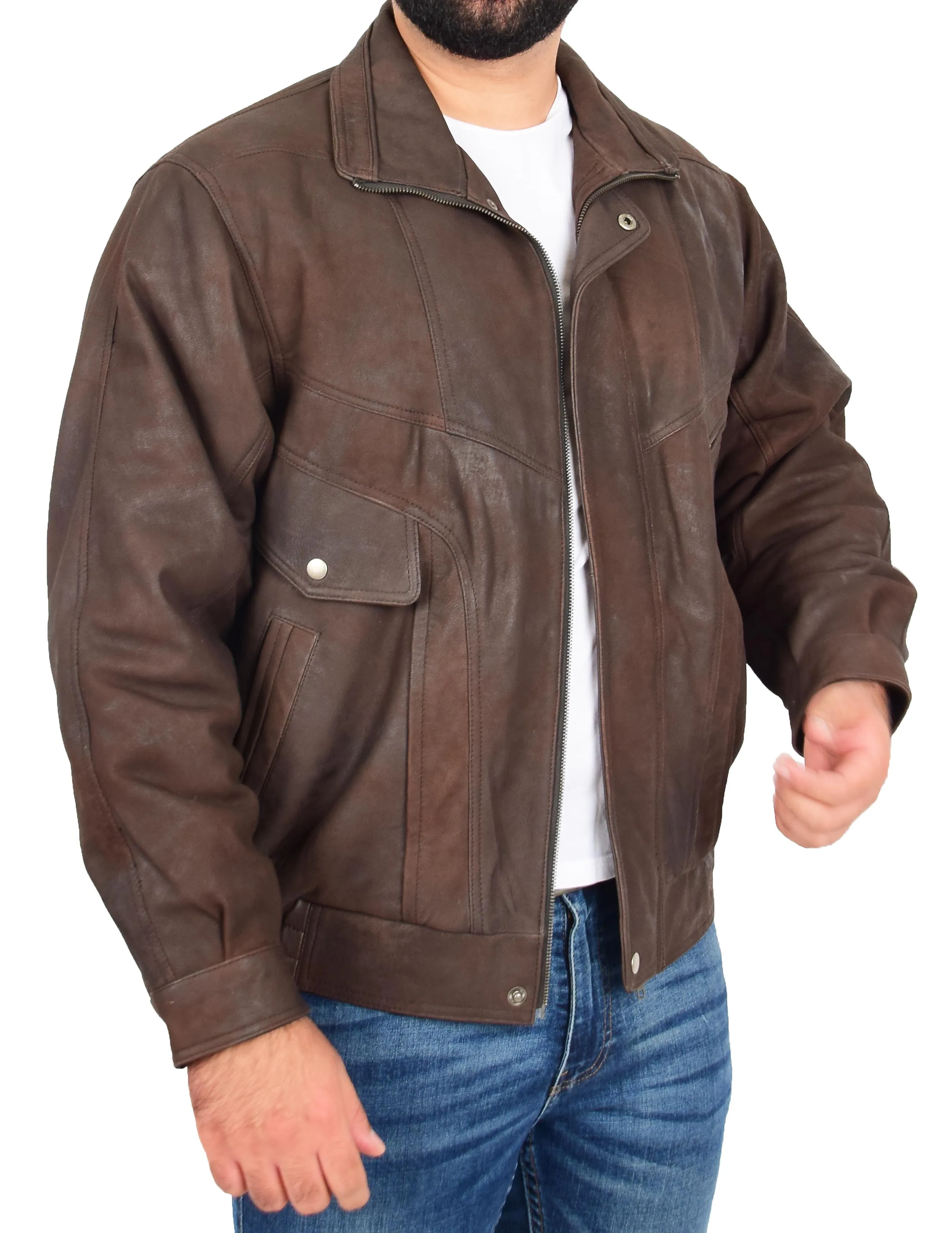 Mens Antique Nubuck Brown Leather Blouson Jacket Classic Bomber Peter