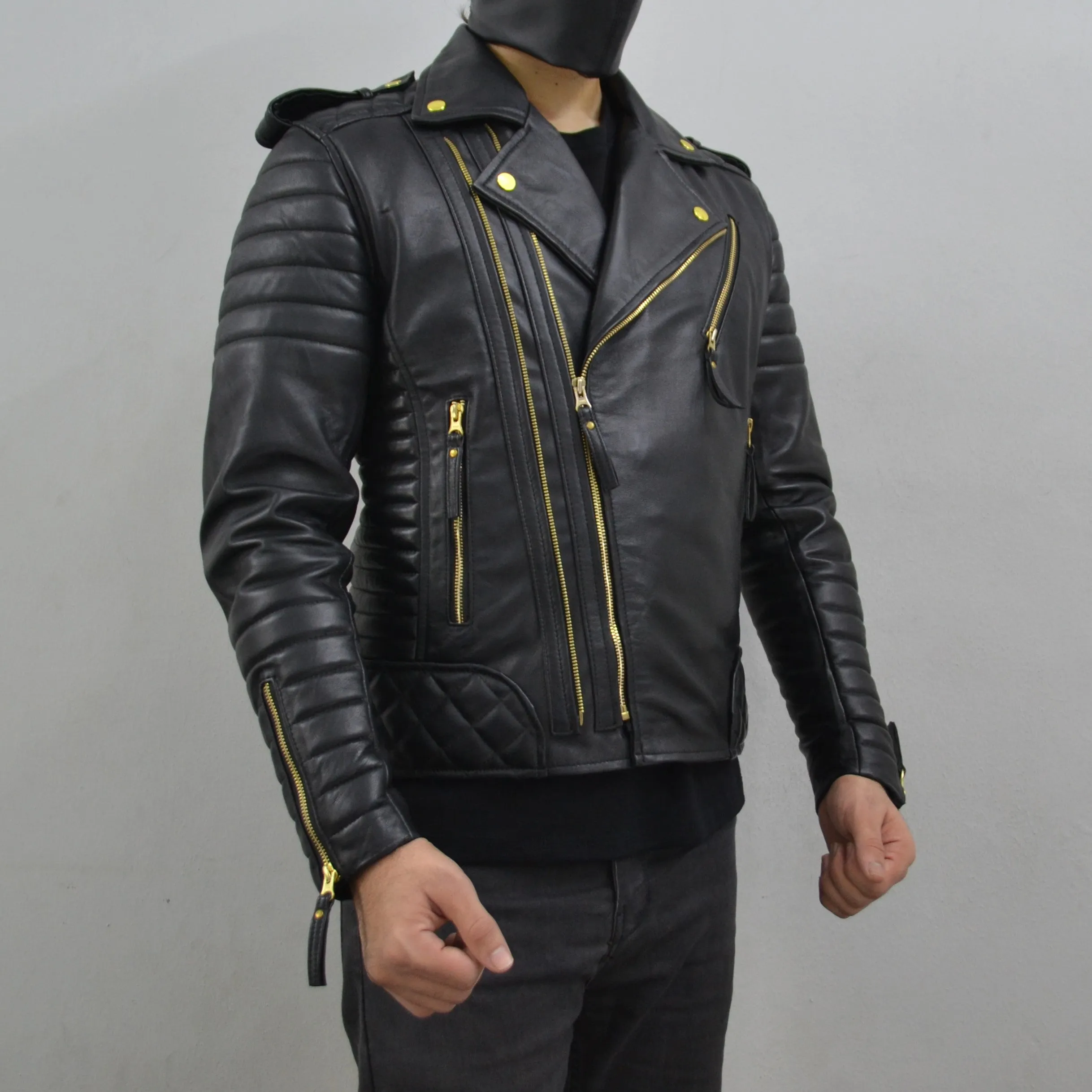 Men's Brando Black Golden Hardware Quilted Padded Genuine Leather Biker Jacket