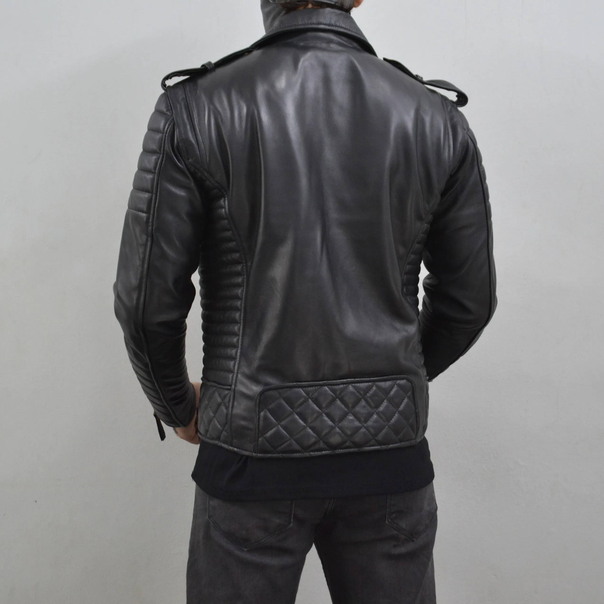 Men's Brando Black Golden Hardware Quilted Padded Genuine Leather Biker Jacket