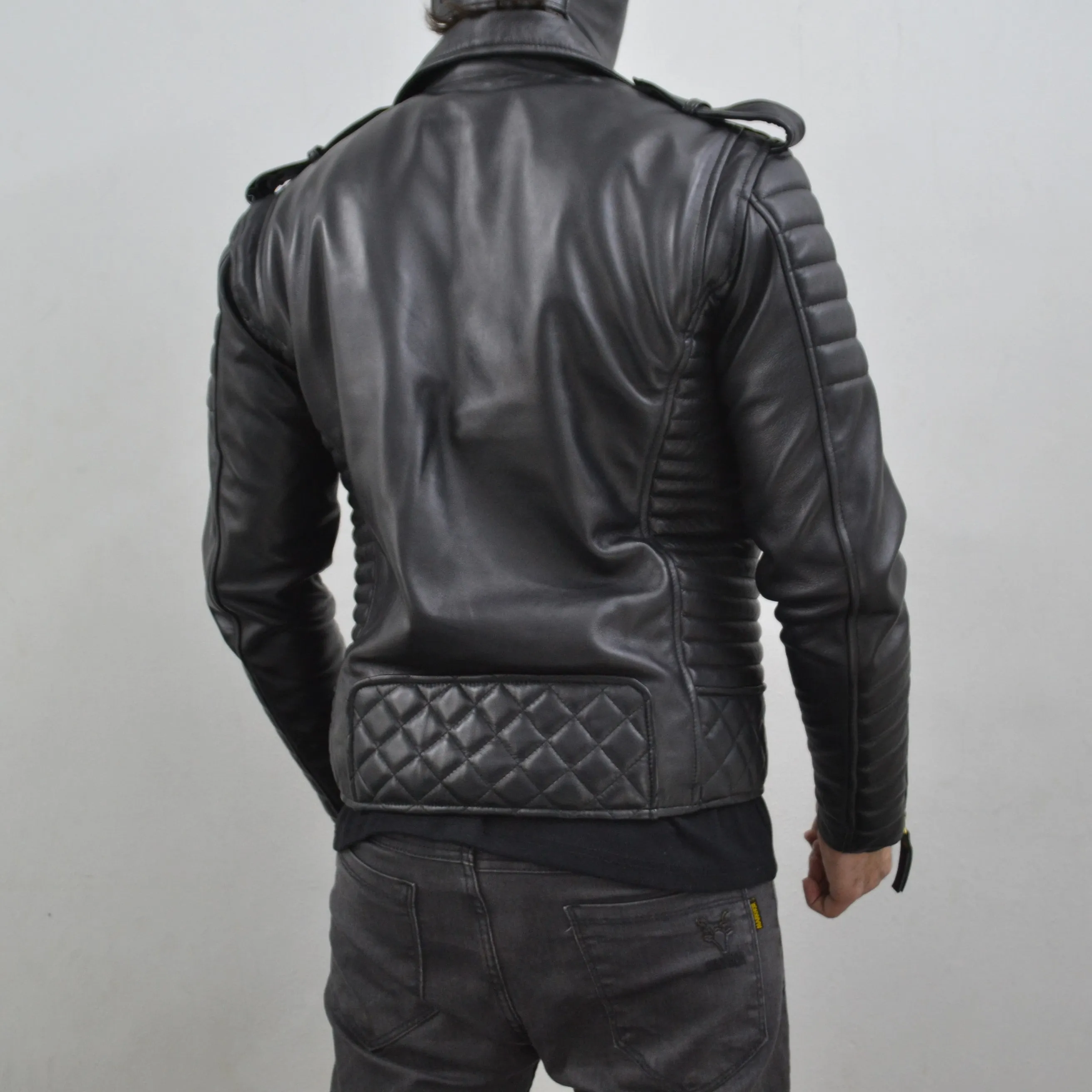 Men's Brando Black Golden Hardware Quilted Padded Genuine Leather Biker Jacket