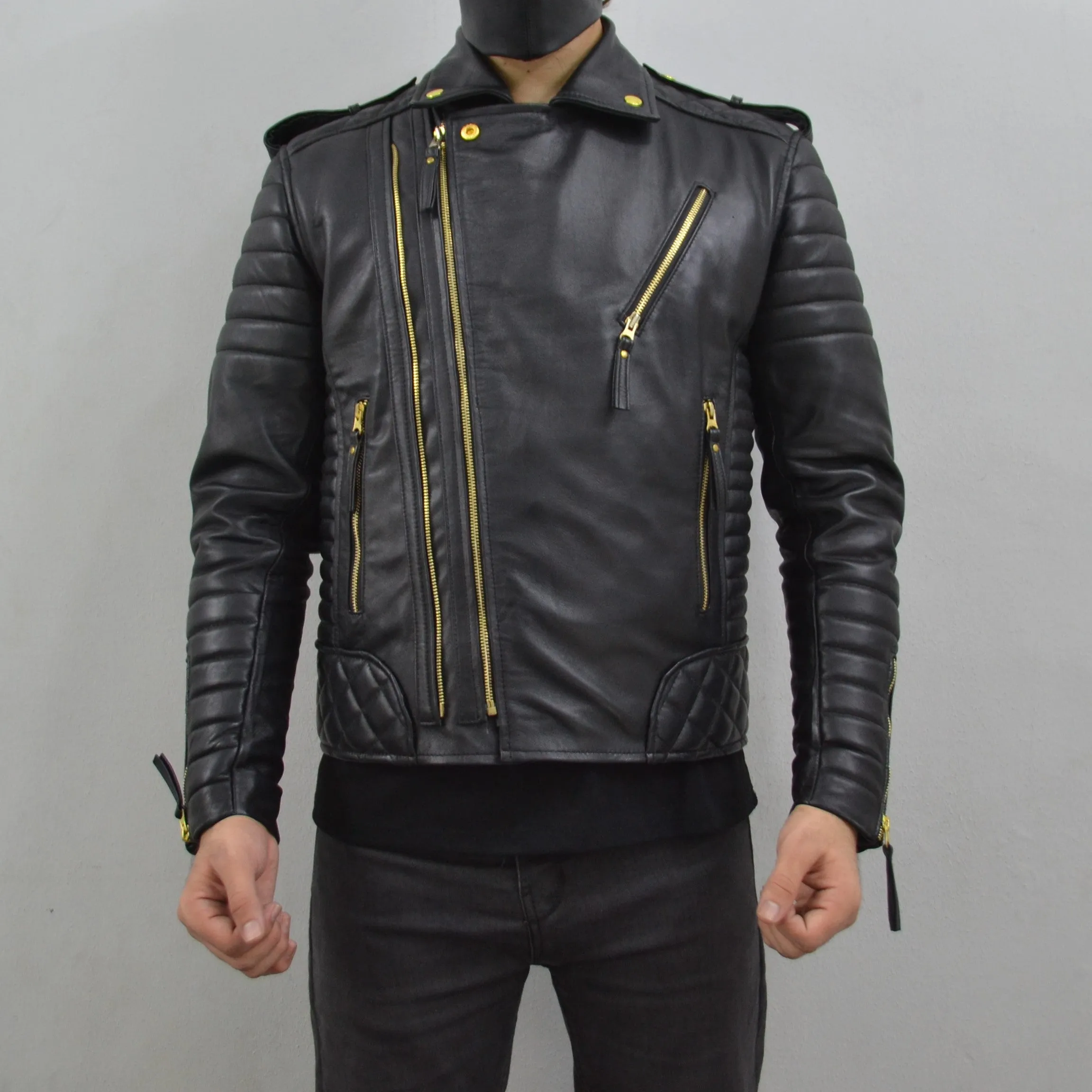 Men's Brando Black Golden Hardware Quilted Padded Genuine Leather Biker Jacket