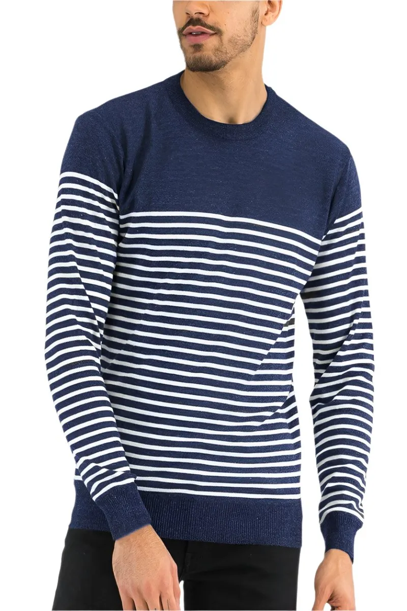 Mens Full Knit Pullover Sweater Navy Blue Striped