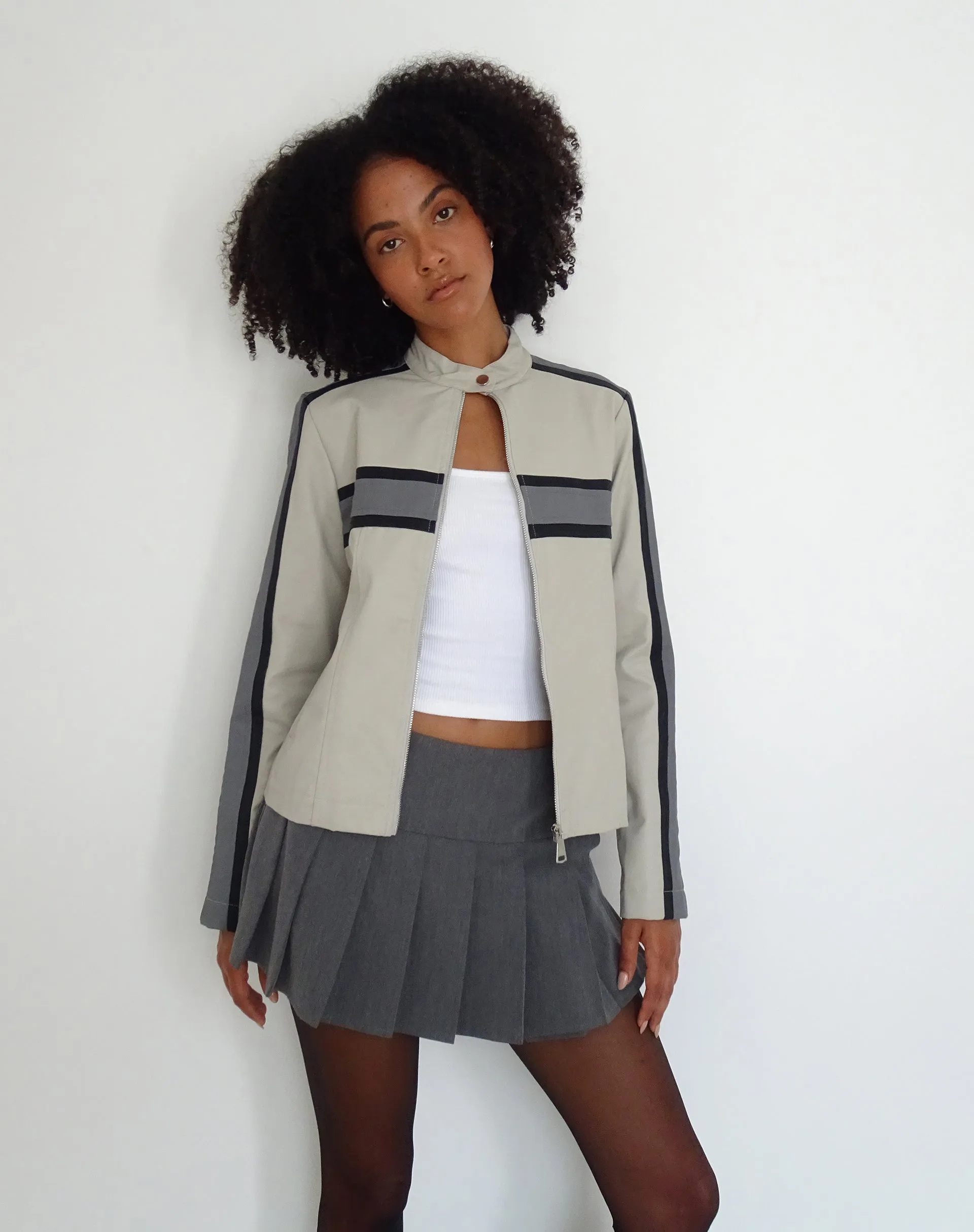 MOTEL X JACQUIE Oliver Zip Up Jacket in Grey PU with Dark Grey Stripe