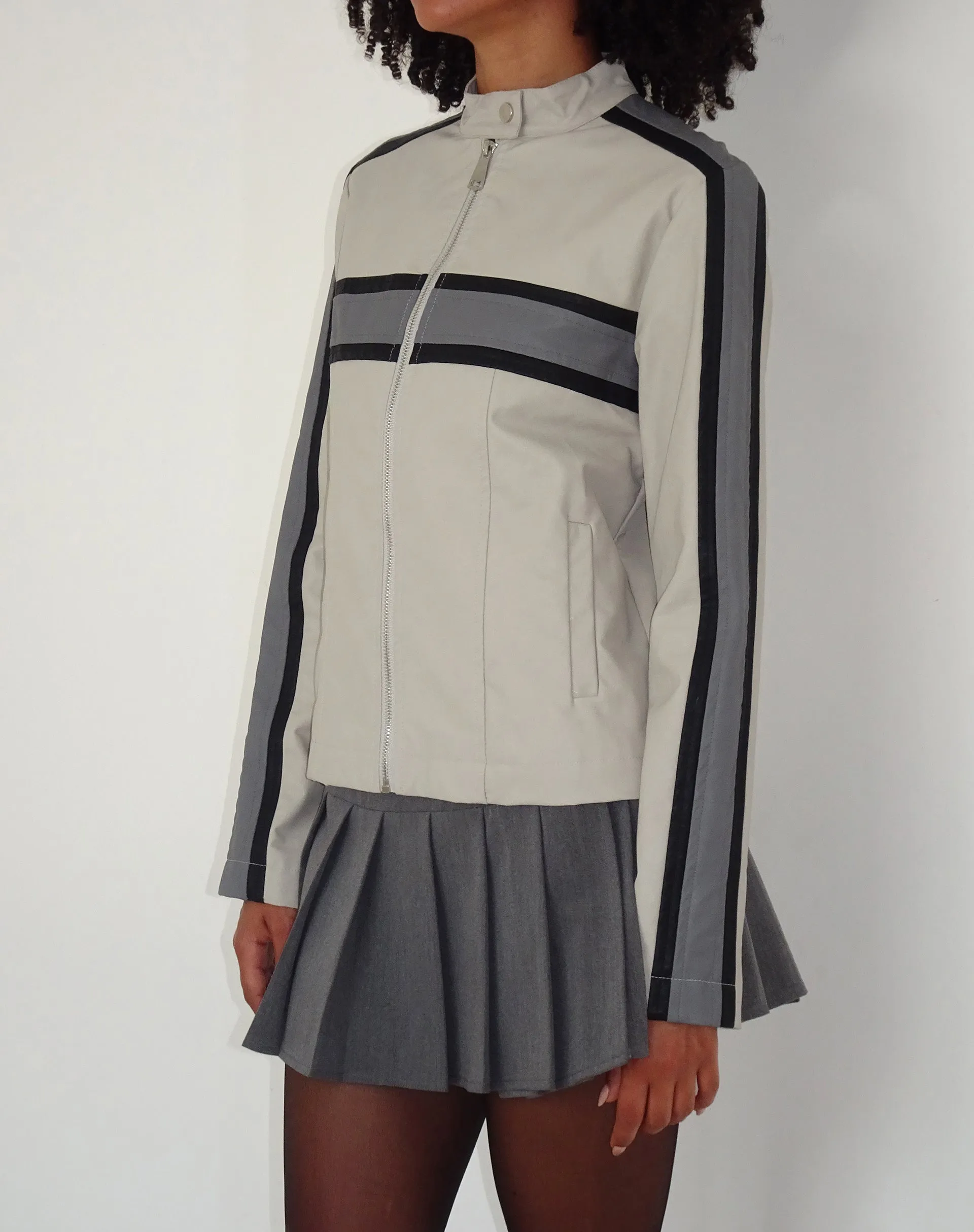 MOTEL X JACQUIE Oliver Zip Up Jacket in Grey PU with Dark Grey Stripe