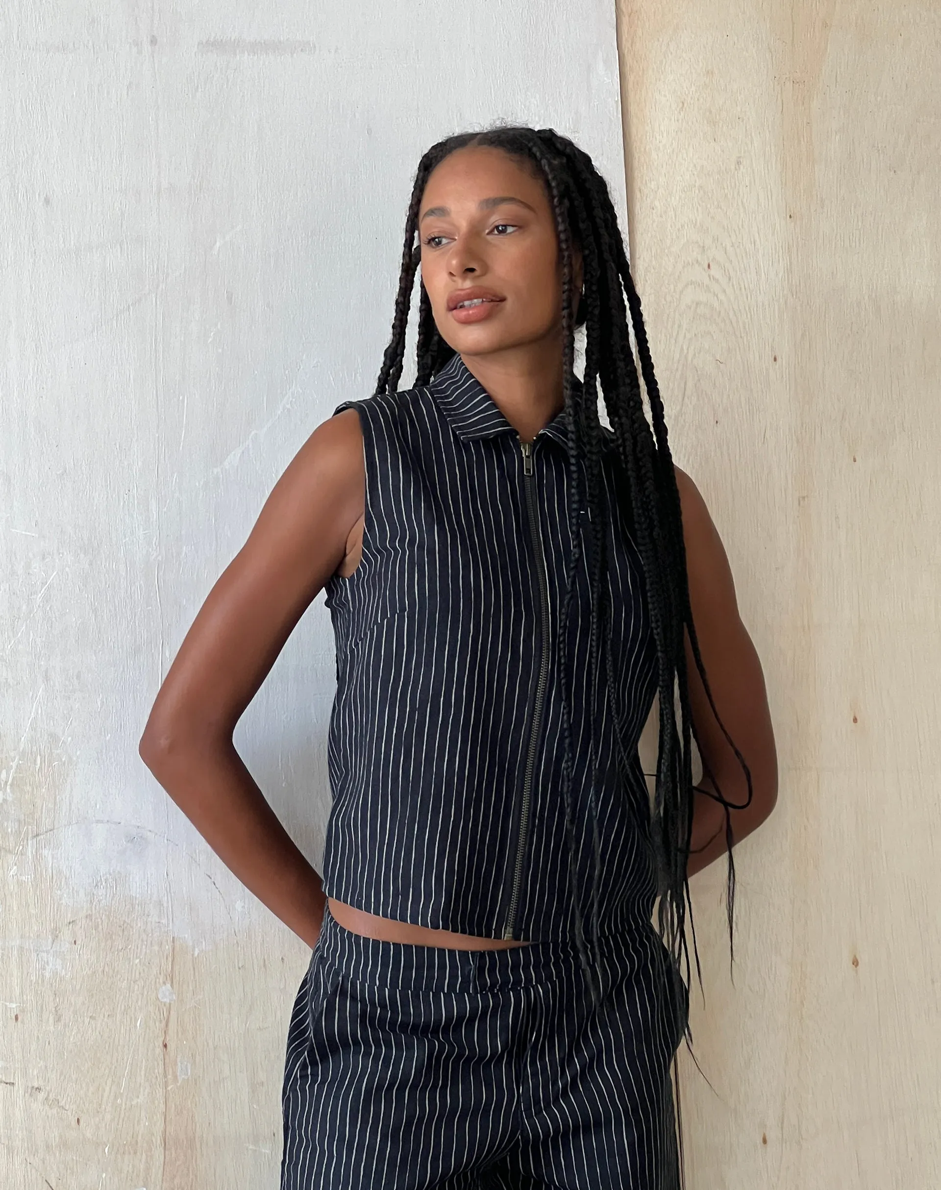 MOTEL X JACQUIE Virago Zip Up Sleeveless Jacket in Sketchy Stripe Black