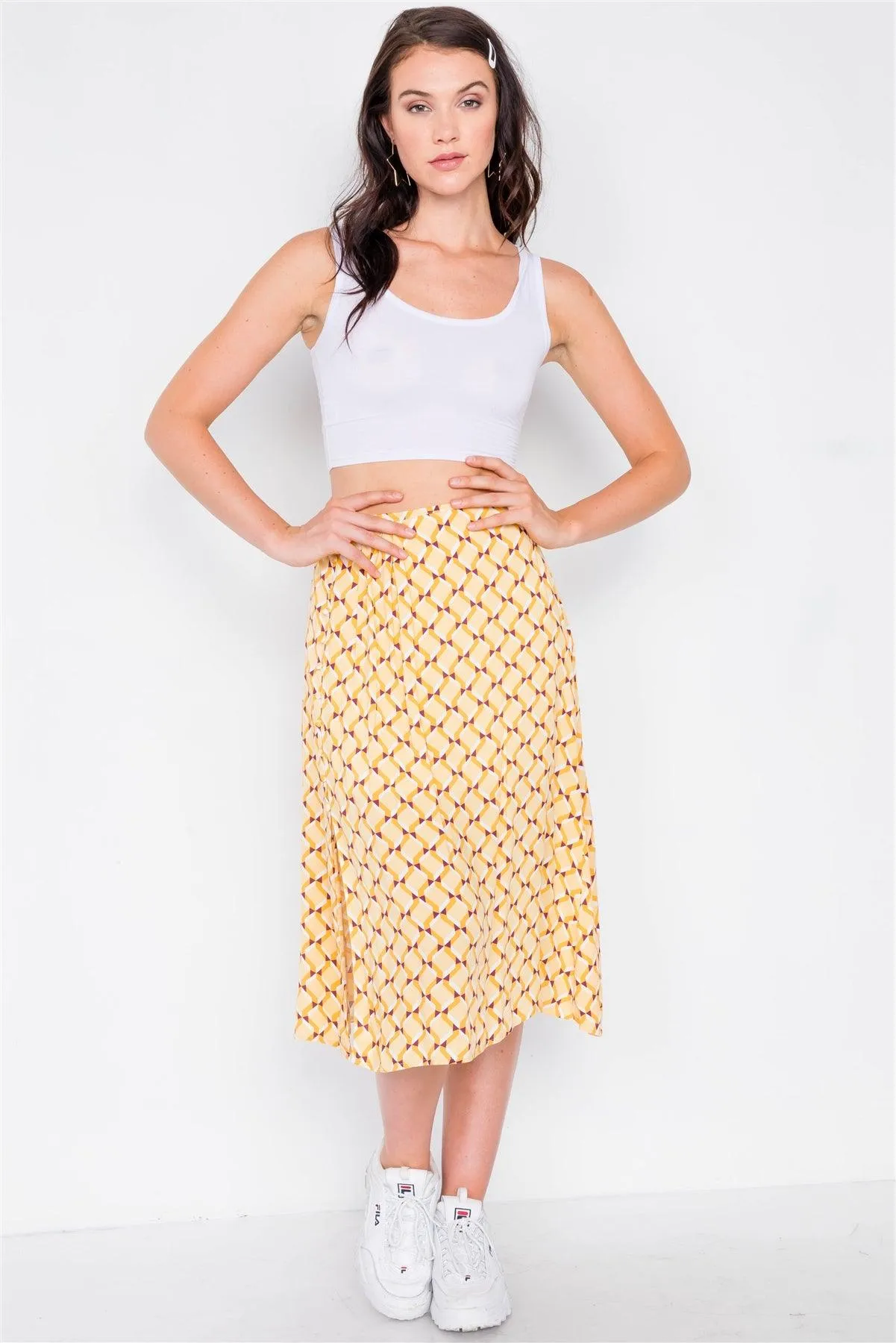 Mustard Geo Print Pleated High-Waisted Midi Skirt /3-2-1