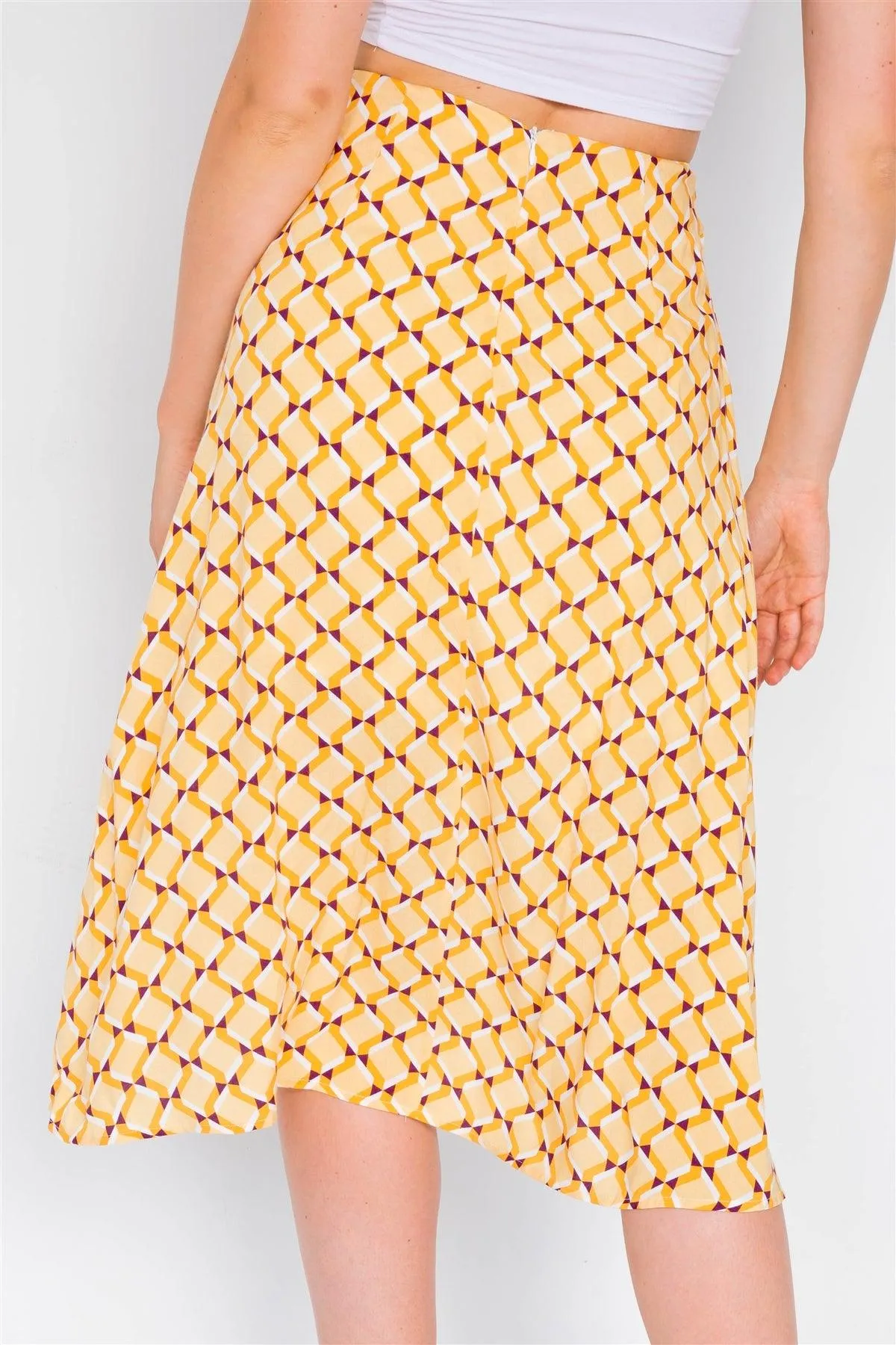 Mustard Geo Print Pleated High-Waisted Midi Skirt /3-2-1