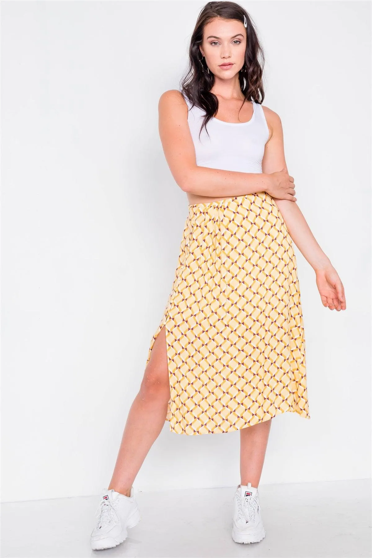 Mustard Geo Print Pleated High-Waisted Midi Skirt /3-2-1