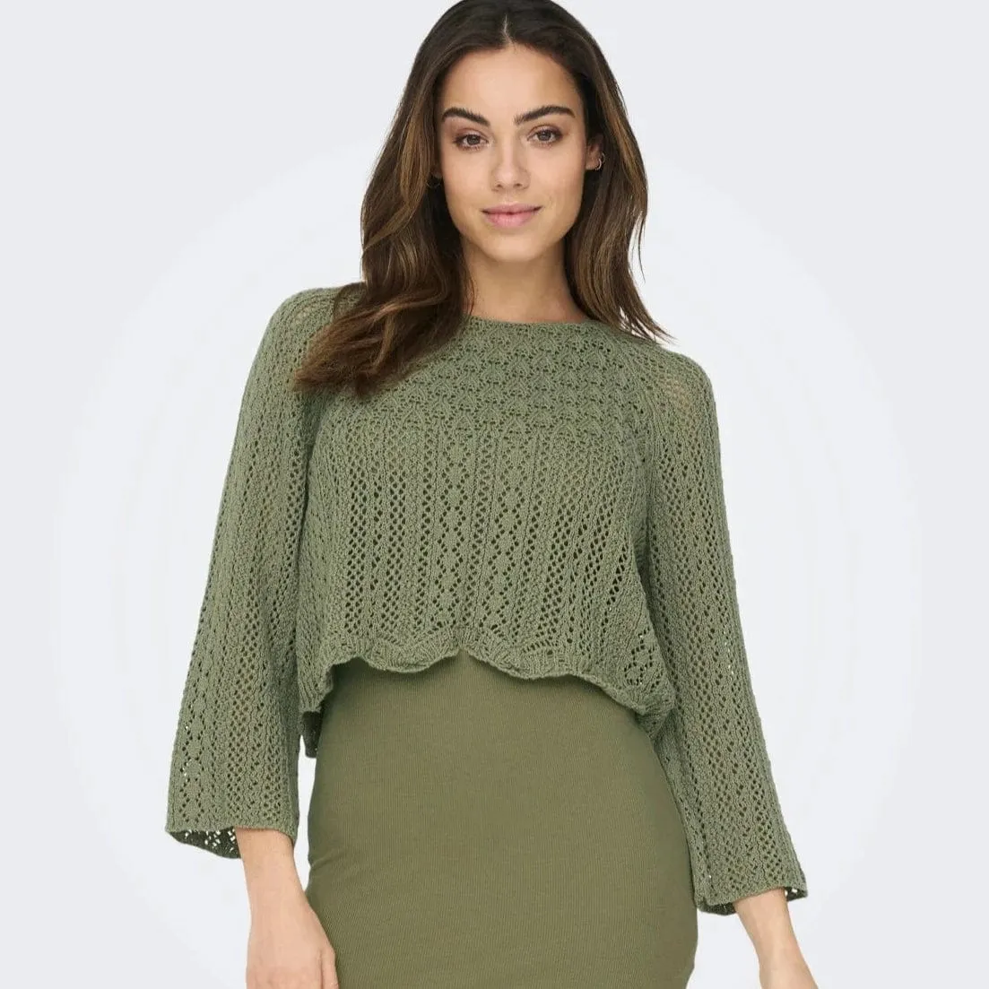 ONLY Onlmargina O-Neck Knitted Pullover with Fringes in Military Olive