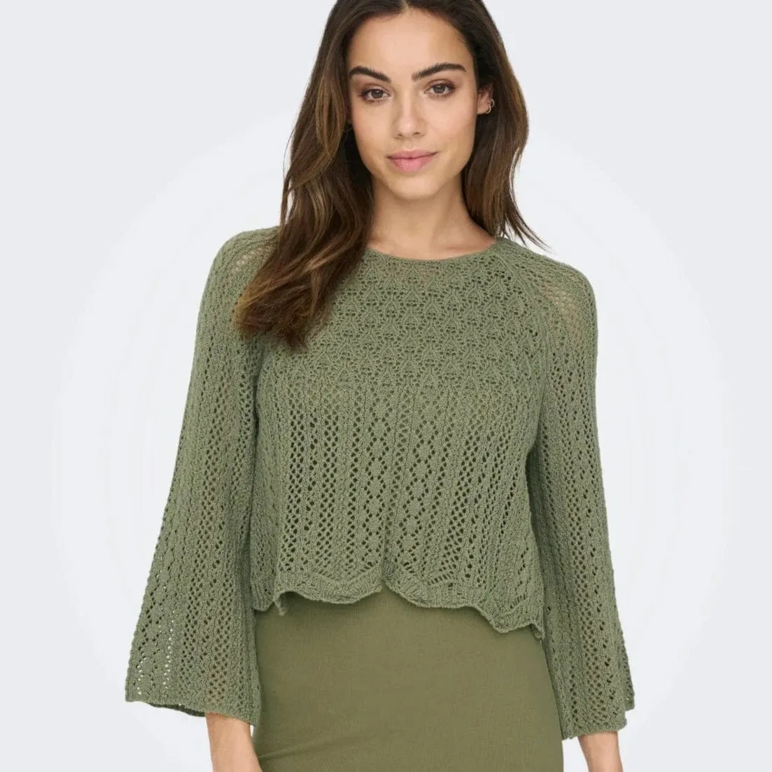 ONLY Onlmargina O-Neck Knitted Pullover with Fringes in Military Olive